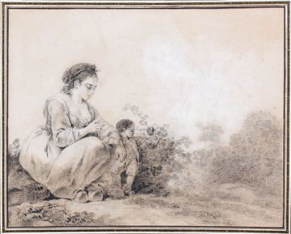 ÉCOLE FRANÇAISE du XVIIIe siècle Jeune femme et son enfant Pierre noire, rehauts...