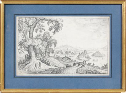 ÉCOLE FRANÇAISE du XVIIIe siècle Paysage fluvial Pierre noire. 21,2 x 33,5 cm