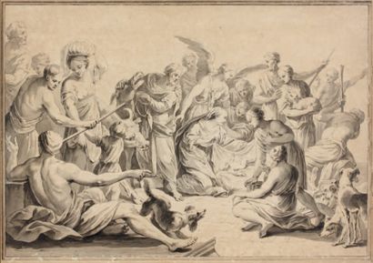 ÉCOLE FRANÇAISE du XVIIIe siècle L'Adoration des Bergers Plume, lavis gris. 33 x...