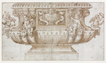 ÉCOLE ITALIENNE du XVIIe siècle Etude d'urne Plume, lavis brun. Annoté "Charitas"....
