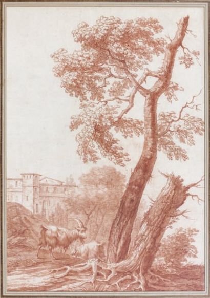 ÉCOLE FRANÇAISE du XVIIIe siècle Deux chèvres dans un paysage italien Sanguine. 45,5...