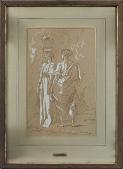 Louis BOULANGER (1806-1867) Deux jeunes femmes Plume, encre brune, rehauts de blanc,...