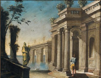 ÉCOLE ITALIENNE du XVIIIe siècle Architecture animée Huile sur toile, rentoilée....
