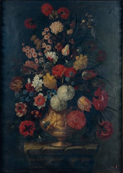 ÉCOLE ITALIENNE de la fin du XVIIe siècle Grand bouquet de fleurs dans un vase posé...