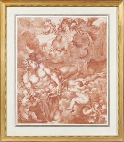ÉCOLE FRANÇAISE du XVIIIe siècle Scène mythologique: Jupiter et Io Sanguine. 49 x...