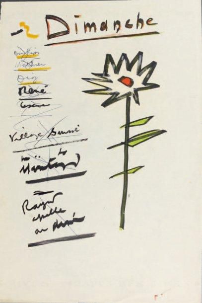 PRÉVERT (Jacques) Manuscrit autographe avec dessin original en couleurs. 1 p. grand...
