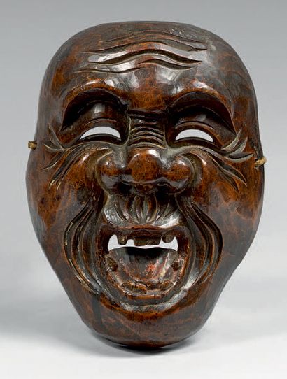 JAPON - XIXE SIÈCLE Masque de Kyogen en bois sculpté et polychromé du type Oji, vieil...
