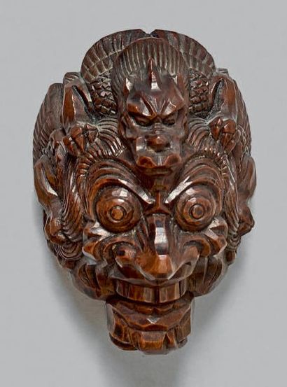 JAPON - Fin de l'époque Edo (1603-1868) Netsuke en bois, petit modèle de masque de...