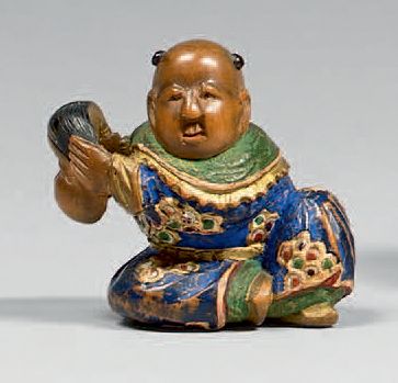 JAPON - Fin de l'époque Edo (1603-1868) Netsuke en hinoki polychrome, karako assis...