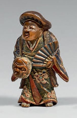 JAPON - Fin de l'époque Edo (1603-1868) Netsuke en hinoki polychrome, acteur tenant...