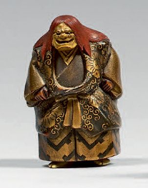 JAPON - Fin de l'époque Edo (1603-1868) Netsuke en laque polychrome et ivoire, acteur...