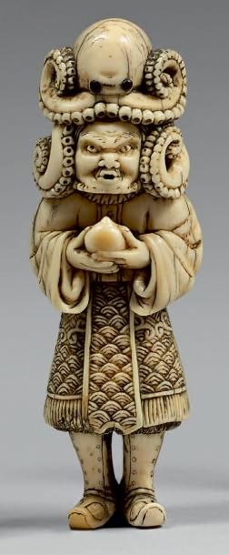 JAPON - Époque Edo (1603-1868), XVIIIe siècle Netsuke en ivoire, hollandais tenant...