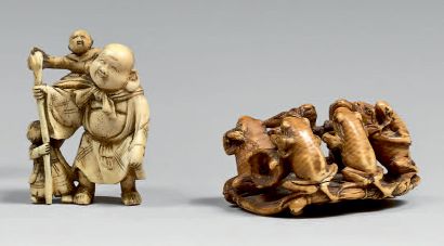 JAPON - Epoque MEIJI (1868-1912) Deux petits okimono dans le style des netsuke en...