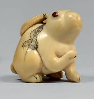 JAPON - Milieu de l'époque Edo (1603-1868) Netsuke en ivoire, petit lapin tacheté...