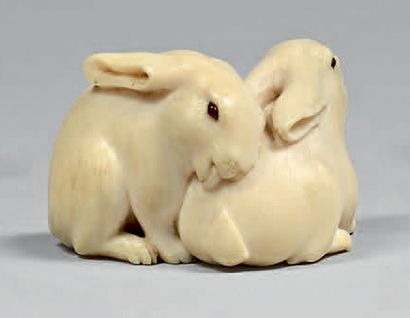 JAPON - Fin de l'époque Edo (1603-1868) Netsuke en ivoire, deux lapins faisant leur...