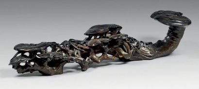 CHINE - XVIIIe siècle Sceptre «ruyi» en stéatite brune veinée, en forme de champignon...