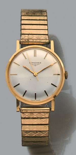 LONGINES Bracelet-montre d'homme, la montre de forme ronde en or jaune, cadran satiné,...