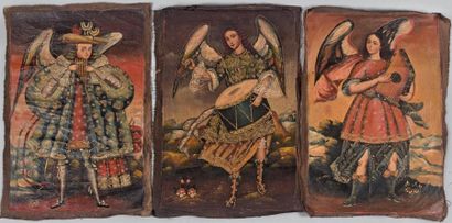 null Trois panneaux en toile peinte représentant des anges musiciens:
- Ange jouant...