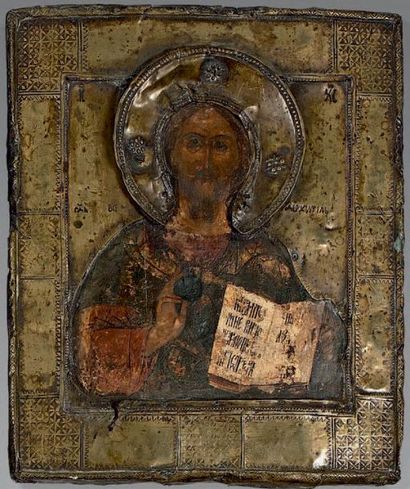 null Icône: Le Christ pantocrator. Riza et auréole en métal.
Russie, fin du XVIIIe-début...