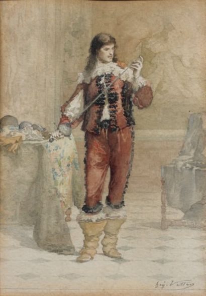 Jean Hégésipe VETTER (1820-1900) Le mousquetaire Aquarelle, signée en bas à droite....