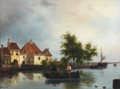 G. CANELLA Hollande, promeneurs en barque, 1837 Huile sur toile, signée et datée...