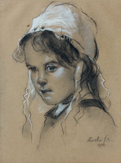 ÉCOLE MODERNE Jeune fille à la coiffe blanche, 1902 Fusain rehaussé de craie blanche,...