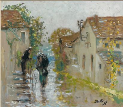 Pierre Eugène MONTEZIN (1874-1946) Rue de village sous la pluie Gouache, porte le...