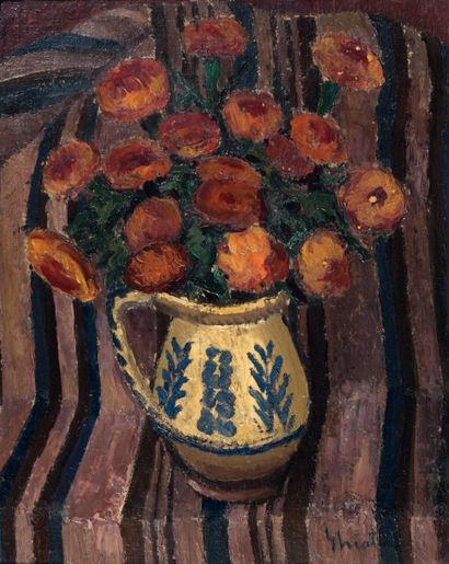 Dimitru GHIATA (1888-1972) Vase de fleurs Huile sur toile marouflée sur carton, signée...