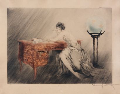 Louis ICART (1888-1950) Femme aux hortensias Pointe sèche et aquatinte, copyright...