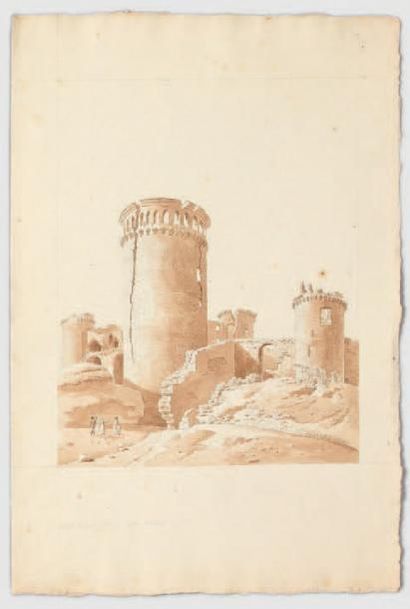 Attribué à Amédée BOURGEOIS (1798-1837) 
Les ruines du château de Coucy
Pierre noire,...