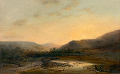 François ROFFIAEN (1820-1898) 
Coucher de soleil, paysage italien
Huile sur papier...