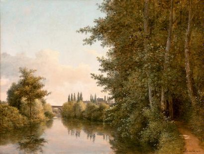 Alexandre PAU de SAINT MARTIN (1769-1848) 
Bord de rivière, au loin la ville de Mortagne
Huile...