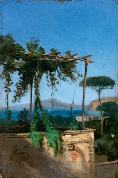 École Française du XIXe siècle 
Terrasse devant la baie de Naples Huile sur panneau.
23,8...