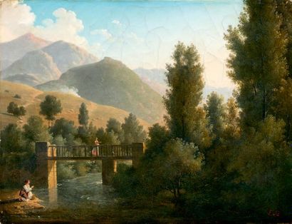 Attribué à François Édouard BERTIN (1797-1871) 
Paysage de montagne en Italie
Huile...