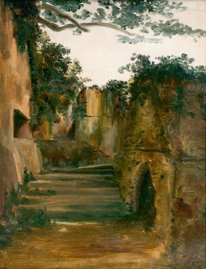 Attribué à François-Marius GRANET (1775-1849) 
Un escalier dans des ruines romaines
Huile...