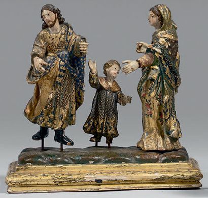 null Groupe en bois polychrome et doré représentant la
Sainte Famille.
Espagne, XVIIIe...