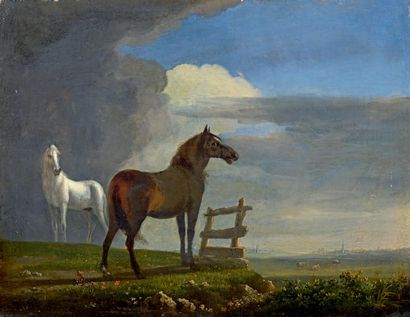 École HOLLANDAISE du XIXe siècle Deux chevaux au pré, d'après Paul Potter
Huile sur...