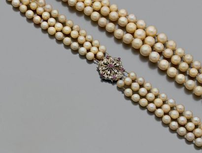 null Collier trois rangs de perles de culture en chute, le fermoir rosace en or gris...