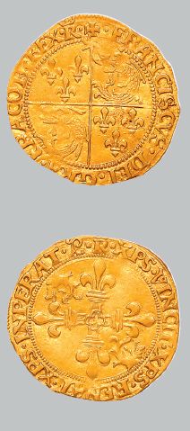 null Écu d'or au soleil du Dauphiné, 7e type. Romans. 3,36 g.
Champ écartelé de France-Dauphiné.
R/...