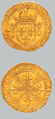 null Écu d'or au soleil de Bretagne, 1er type. Rennes. 3,41 g.
Écu de France couronné,...