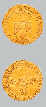 null HENRI III (1574-1589)
Écu d'or au soleil. 1580. Tours. 3,30 g.
Écu de France...