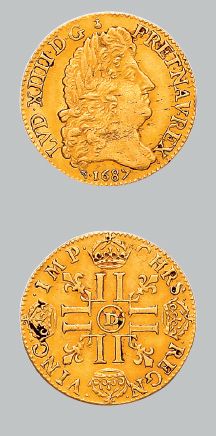 null Louis d'or à la perruque et aux huit L. 1687. Lyon.
Tête âgée du roi avec une...