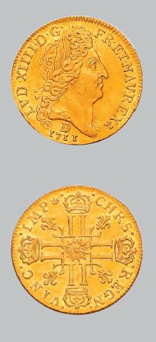 null Louis d'or au soleil. 1711. Lyon.
Tête du roi à droite.
R/ Croix formée de huit...
