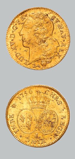 null Double louis d'or au bandeau. 1756. Bayonne.
Tête du roi à gauche, ceinte d'un...