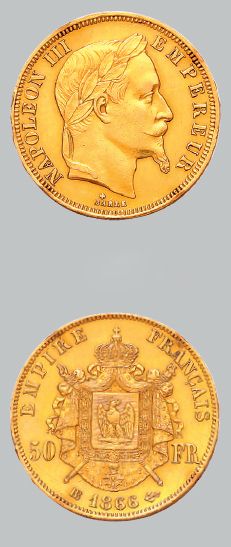 null 50 francs or tête laurée: 2 exemplaires. 1866 Strasbourg et 1867 Paris.
G. 1112....