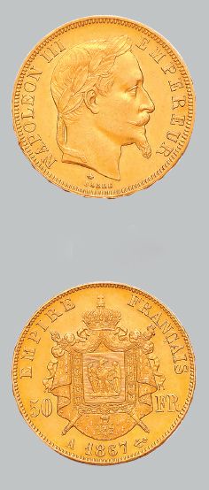 null 50 francs or tête laurée: 2 exemplaires. 1866 Strasbourg et 1867 Paris.
G. 1112....