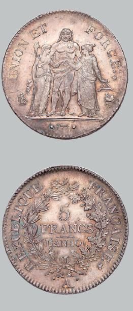 null CONSULAT (1799-1804) 5 Francs Union et Force. An 10. Paris.
G. 563a. Superb...