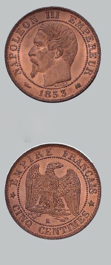 null Lot: 5 centimes. 1853. Bordeaux.
Centime: 4 exemplaires. 1855 Paris, 1855 Lyon,...