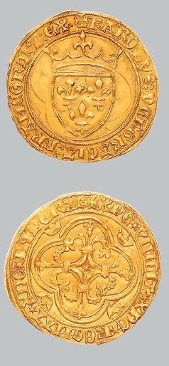 null CHARLES VII (1422-1461)
Écu d'or à la couronne. Tournai (étoile à six rais au...