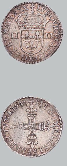 null Quart d'écu, 1er type. 1642. Amiens. 9,60 g.
Var. titulature royale autour de...